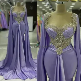Luxury Lilac Mermaid Evening Dress 2024 With Bolero Dubai Arabic Abaya Prom Dresses With Crystal Sexy Formal Ceremony Party Gown Elegant Vestidos De Noche Mariage