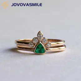 Ringe JOVOVASMILE 4*4mm Trillion Cut Lab Grown Smaragd Ring Sets 2 Ringe mit Moissanit Ring Band 14K Gelbgold für Frau