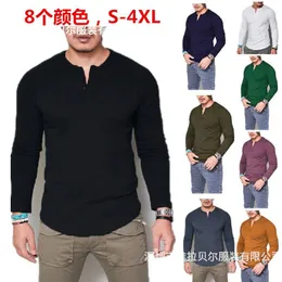 Camisas masculinas chegada em torno do pescoço algodão cor sólida camiseta botão de manga comprida casual camisa inferior roupas masculinas