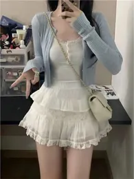 Work Dresses Sweet Blue Long Sleeve Knitted Cardigan Y2k Lace Slim Fit Camisole High Waist White Mesh Skirts Summer Three Piece Sets