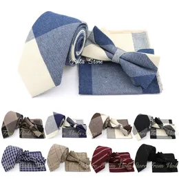 Fashion Plaid Striped Cotton 7cm Tie Set Bowtie Hanky Red Brown Khaki Young Men Wedding Party Leisure Suit Cravat Gift Accessory 240221