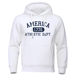 América 1776 Atlético Dept Letter Print Mans Hoodies Bolso O-pescoço Moletom Outono Moletom Macio Casual Solto Homem