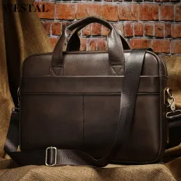 Briefcases WESTAL Men's Bag Genuine Leather Men Briefcase for Laptop 14 Messenger Men's Leather Bag Business Portfolio for Document A4 7022