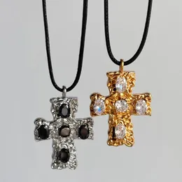 Pendant Necklaces Luxury Zircon Stainless Steel Large Cross For Women Black Leather Chain Choker Jewelry Accessories