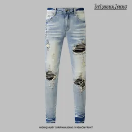 Jeans skinny jeans de grife masculino calças jeans moda buracos calças hiphop calças com zíper angustiado para homens AMLRI jeans EUA tamanho pantalones gotejamento jeans calças rap