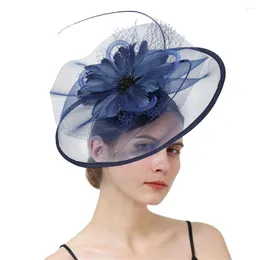 Berets Navy Cocktail Hat Fascinators Base For Women Wedding Party Headbands French Mesh Veil Hair Hoop Ornaments Bride Feather Hairpins