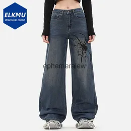الجينز للرجال Y2K Blue Jeans Spider Web Printed Baggy Denim Pants Harajuku Hip Hop Streetwear Jeans Vintage Casual Jeans Brouters Manh24222