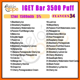 100%Original IGET BAR 3500 Puff Disposable E Cigarettes 12ml Mesh Coil 1500 mAh Battery Electronic Cigs Puff 3K Airflow Control Vapes Electronic Cigs elux legend Box