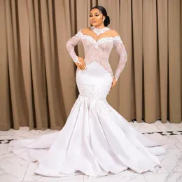 Aso Ebi Mermaid Wedding Dress Bridal Gowns For Bride Plus Size Long Sleeves Elegant Sheer Neck Illusion Marriage Dress for African Nigeria Black Women NW094