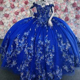 Royal Blue Shiny Off the Shoulder Quinceanera Dresses Ball Gown Handgjorda Flowers Lace Crystal Corset Sweet Vestidos DE 15