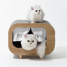 Mobilya Mewoofun Cat House Bed Cat Condo TV için kapalı sağlam lüks büyük ahşap moda kedi sığınağı, çizik ped ile mobilya
