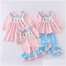 Familie Passende Outfits Mädchen Herbst Winter Gestickte Tupfen Geschwister Rosa Gesmoktes Kleid Set Strampler 230322 Drop Lieferung Baby Kind Dhvwk