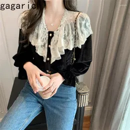 Women's Blouses Gagarich Fashion Women Spring Autumn French Court Style V-neck Shirt Lace Patchwork Gold Velvet Top Whole Set Trendy