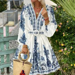 Spring Womens Dress Printed Lantern Sleeves V-Neck Dress Patched Work Ruffles with Loose Pulled Boho Vesidos Slight Street 2024 240223