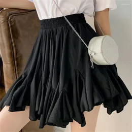 Skirts Ruffled Skirt Elastic Waist Thin Women A-line Pleated Puffy Preppy Style Solid Color Simple Casual Korean Fashion Summer