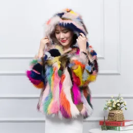 Fur New Arrival 100% Genuine Mixed Colorful Women's Raccoon Fur Coat Hoodies Fur Real Winter Overcoat Female Natural Jacket sr585