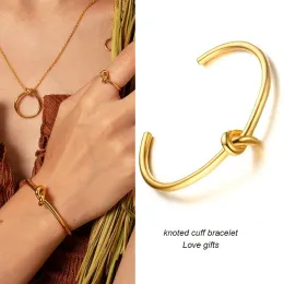 Trendy Runde Kreisförmige Offene Knoten Manschette Armreif Armbänder Für Frauen Elegante 14 k Gelb Gold Schmuck Noeud Armband Pulseiras