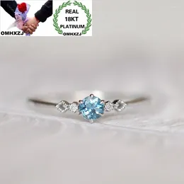 Cluster Rings OMHXZJ Wholesale European Fashion Woman Girl Party Birthday Wedding Gift Simple Blue Topaz AAA Zircon 18KT White Gold Ring