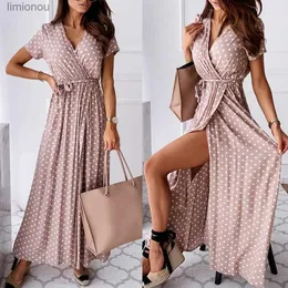 Urban Sexy Dresses 2020 Damenkleid mit V-Ausschnitt, Sommer-Wickelkleider, Damenmode, V-Ausschnitt, kurze Ärmel, Gürtel, Punkte, Aufdruck vorne, geschlitzter Saum, langes Kleid 240223