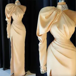 Klasik Kadın Gece Elbise Bir Omuz Yüksek Yakalı Dantelli Balo Kıyısı Kristal Bölünmüş Yan Süpürme Tren Elbisesi Parti Özel Yapımı Robe De Soiree