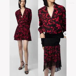 Work Dresses 2024 Classic Deep V-neck Black Bottom Red Leaves Flower Elastic Waist Dress Women Leaf Floral Print Shirt Midi Skirt