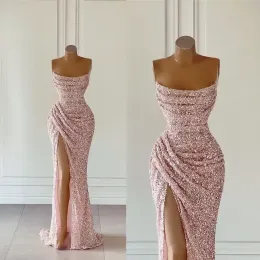 Gold Pink Rose -paljetter Promklänningar Sexig sjöjungfru Strapless Split High Evening African Girls Formal Party OCN GOWNS Custom Made BC15182