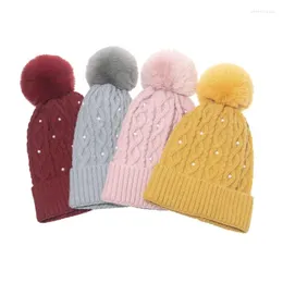 Berets Pérola Crimping Cor Sólida Mulheres Pompom Chapéu Manter Quente Moda Stripe Knit Winter Ski Cap Beanie