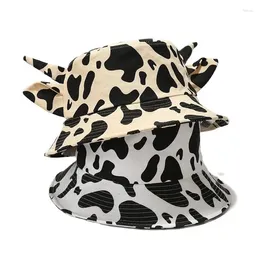 Berets 2024 Cotton Cartoon Cow Print Bucket Hat Fisherman Travel Travel Cap Cap Hats للرجال والنساء 114