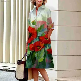 Urban Sexy Dresses Mode-Revers-Langarm-Hemdkleid, lässig, lockerer Blumendruck, einreihig, lockeres Knopf-Polokleid, Damen-Taschenrobe 2023 240223