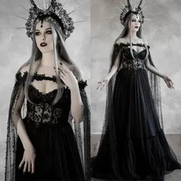 2024 Gothic-Hochzeitskleid mit langen Wickelperlen, Perlen, Schwarz, A-Linie, langes Tüll-Brautkleid, Spitzenapplikationen, Illusionskorsett, sexy Vintage-Braut, formelle Kleidung