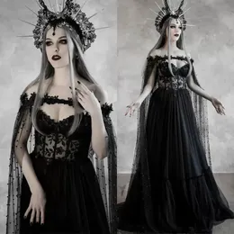 2024 vestido de noiva gótico com pérolas longas envoltório frisado preto a linha longo tule vestidos de noiva rendas apliques ilusão espartilho sexy vintage noiva formal wear