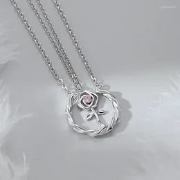 Ciondoli Moda Gioielli in argento sterling 925 Spine di zirconi rosa Ciondolo fiore rosa Coppia collane per donne Uomini Regali di San Valentino