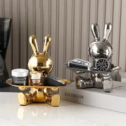 Skulptur Keramik Bunte Beschichtung Kaninchen Aufbewahrungsbox Zuhause Wohnzimmer Ablagetablett Dekorative Statue Hase Ornament 240220