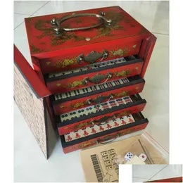 Dekoratif Nesneler Figürinler Taşınabilir Retro Mahjong 144 Fayans Oyunu Mah-Jong Wood 5 Der D Kutusu 230804 Damla Teslimat Ev Gard Dhiyq