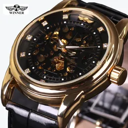 2022 novo topo de luxo vencedor marca relógio masculino automático auto-vento esqueleto relógio preto ouro diamante dial masculino negócios relógios de pulso227p
