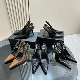 مصمم نساء صندل Opyum High High Open Slingback Shoes Toe Stiletto Heel Classic Metal Letters Sandal Standlist Shoiled Size 35-41