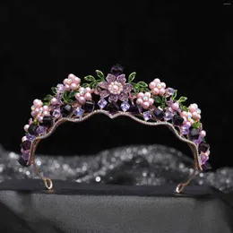 Hair Clips KMVEXO Vintage Purple Crystal Flower Pink Pearls Bridal Crowns Rhinestone Pageant Diadem Veil Tiaras Wedding Accessories