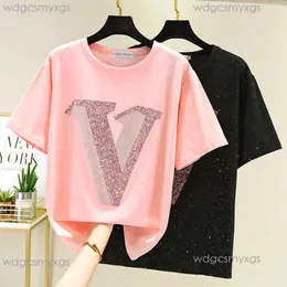 Bawełniana koszula Louiseities Viutonities T Shirt Women Shiny Shiny Diamond Summer Tops Fashion T-Shirt Woman Ubranie koszulka Femme 210604