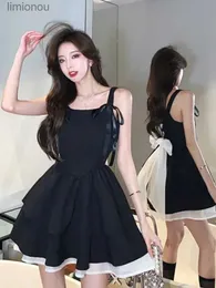 Vestidos sexy urbanos deeptown estilo coreano vestido de fita preta mulheres lolita y2k fairycore mini espartilho vestidos bonitos dobras em camadas deslizamento festa vestidos 240223