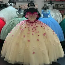 Princess Glitter Crystal Cequined Quinceanera Dress Ball Suknia z ramion 3D Flowers Corset Vestidos de xv anos