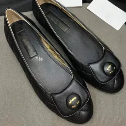 Small Fragrant Wind Black Gold Ling Ge Flat Sole Single Shoes Women's Round Head Small Flap Metal Buckle Shallow Mouth Ballet Shoes Genuine Leather Single Shoes