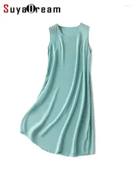 Casual Dresses Suyadream Women Mini Silk Crepe de Chine Solid Sleeveless Mysig klänning 2024 Spring Summer Holiday Clothes Blue Khaki