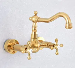 Bad Waschbecken Wasserhähne Luxus Gold Farbe Messing Becken Wasserhahn Wand Montiert Dual Griffe Schwenkauslauf Kaltwasser Mischbatterie