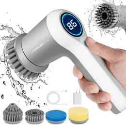 Electric rotary floor scrubber, electric floor scrubber Cordless electric shower scrubber for cleaning with LED display with 4 brush heads (grey)