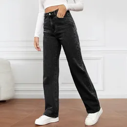 Women's Jeans Slim Straight Soft Long Pants High Waist Wide Leg With Retro Pockets Fit Full Length For A