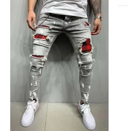 Men's Jeans 2024 Ripped Skinny Patchwork Grid Stretch Casual Denim Pencil Pants Man Fashion Painting Jogging Trousers