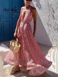 Dot Printed Sexy V Neck Casual Loose Maxi Dresses For Women Rygglös av axelhalter Långa klänningar med Belt Lady Beachwear 240223