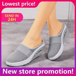 Kvinnor Walking Shoes Air Cushion Slip-On Orthopedic Diabetic Ladies Platform Mules Mesh Lightweight Slipper Wedge Female Sneaker 240220