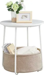 Tavolino rotondo piccolo, comodino moderno con cestino in tessuto, comodino per soggiorno camera da letto, bianco classico e beige sabbia