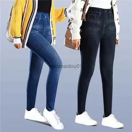 Женские джинсы Женщины тонкие имитационные джинсовые брюки эластичные высокие талию леггинсы маленькие ноги с плотными девять очками брюки карандаша.